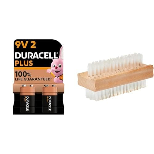Image of Duracell Plus 9V Batteries (Pack of 2) - Alkaline - 100% Life Guaranteed - Reliability For Everyday Devices - 0% Plastic Packaging - 5 Year Storage - 6LR61 MN1604 & Double Sided Nail Brush, Wooden