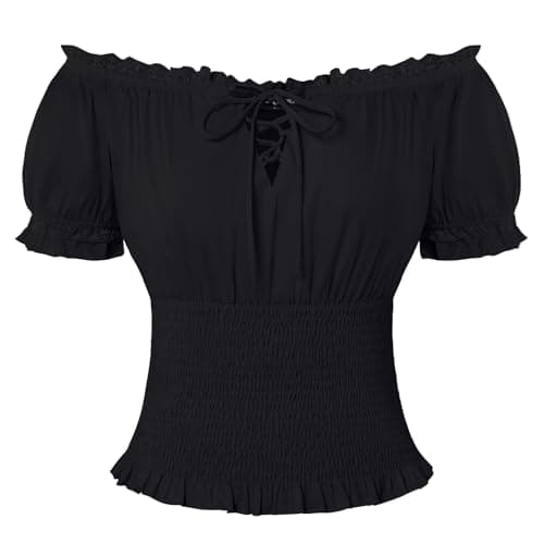 Image of SCARLET DARKNESS Womens Summer Tops Cotton Short Sleeve Smocked Blouses Lace-up Off Shoulder Renaissance Pirate Shirts Black M