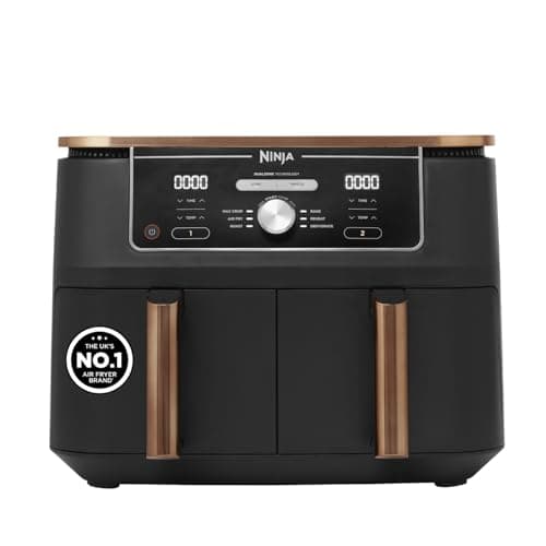 Image of Ninja Foodi MAX Dual Zone Air Fryer, Amazon Exclusive, Tongs, 2 Drawers, 9.5L, 6-in-1, Use No Oil, Air Fry, Max Crisp, Roast, Bake, 8 Portions, Nonstick Dishwasher Safe Baskets, Copper/Black AF400UKCP