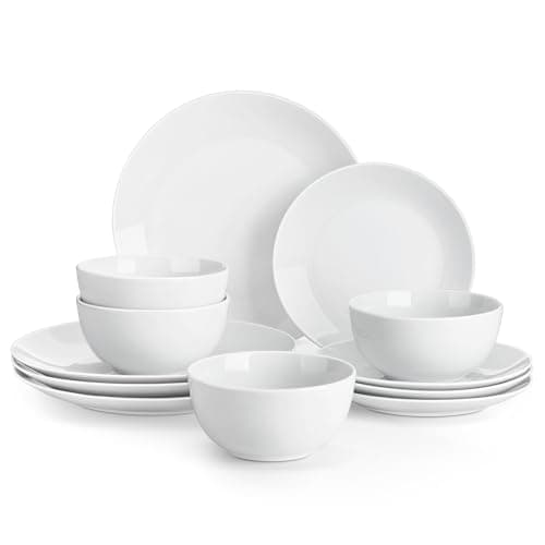Image of Malacasa 12-Piece Porcelain Dinnerware Set, Amelia Series | For 4 to 12 Persons | Dishwasher Safe Modern White Dinner Set with Dinner Plates, Dessert Plates and Bowl Sets