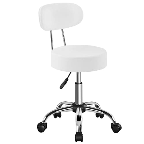 Image of Yaheetech Adjustable Stool on Wheels with 10cm Cushion, Rolling Stool with Back Support, Office Computer Swivel Chair, PU Leather Easy-Clean Surface for Home Office/Salon Silent, White