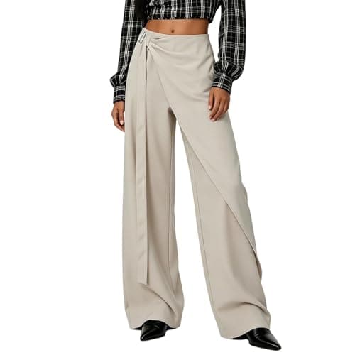Image of Generisch Casual trousers with high waistband, irregular flowing bow detail, loose straight leg cut for optimal everyday life, ideal women's leisure trousers for office, holiday, beige, XXL