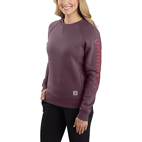 Image of Carhartt, Women's, Relaxed Fit Midweight Crewneck Block Logo Sleeve Graphic Sweatshirt, Blackberry Heather, XS