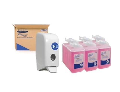 Image of Scott Essential Foam Everyday Use Hand Wash 6340 - Scented Foaming Hand Soap - 6 x 1 Litre Pink Hand Wash Refill with Aquarius White Wall Mounted Hand Cleanser Dispenser 6948