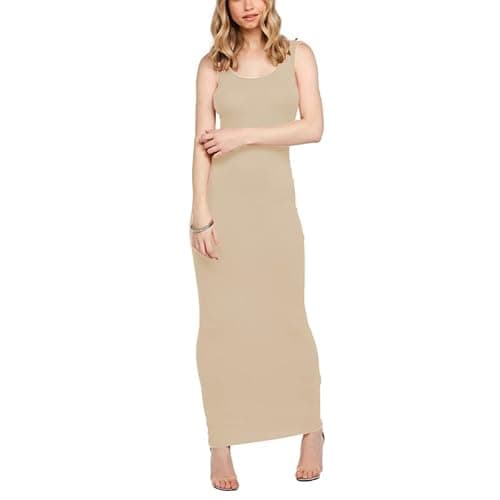 Image of Prime fashions Women's Racer Back Maxi Dress - Sleeveless Jersey Vest - Modern, Classy Party Wear (M-L, Cream)