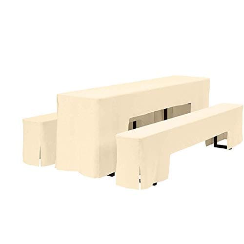 Image of Trimming Shop 3 Piece Ivory Polyester Beer Table and Bench Cover L Trestle Dining Table and Bench Slipcover Set Home Garden Bar BBQ Hotel Restaurant Wedding