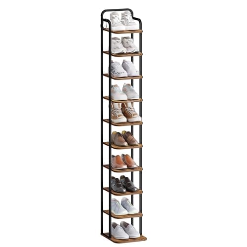 Image of Hzuaneri Vertical Shoe Rack, Shoe Shelves, Wood Shoes Organizer for Closet, Entryway.Shoes Tower for Small Spaces, Freestanding, with 2Hooks, Rustic Brown and Black, 10 Tier(26.5Wcm) SR11201B