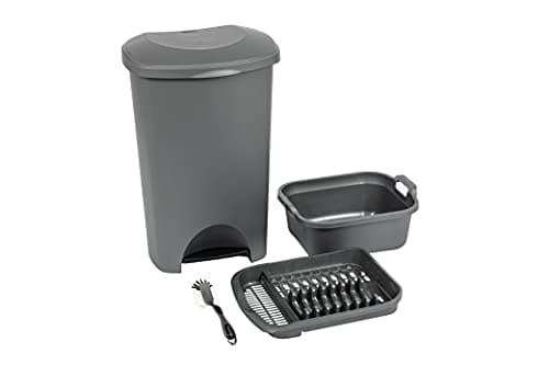 Image of Addis 4 Piece Family Kitchen Office Starter Bulk Set Includes 50 Litre Pedal bin, Washing Up Bowl with Twin Handles, draining Plate Rack & Ultra Grip Dish Brush, All Metallic Grey, 519068AMP, one Size
