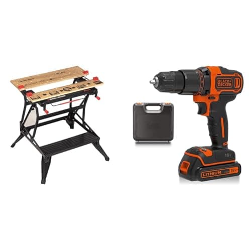 Image of BLACK+DECKER Workmate Plus, Work Bench Tool Stand Saw Horse, Dual Height & 18 V Cordless 2-Gear Combi Hammer Drill Power Tool with Kitbox, 1.5 Ah Lithium-Ion, BCD700S1K-GB, Orange