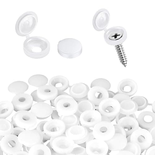 Image of 150 Pcs White Hinged Screw Cover Caps, 5mm Plastic Screw Caps for Concealing Screw Heads, Decorative Snap On Flip Top Protective Washer Caps for Furniture, Kitchen Cabinets, Shelves, License Plates