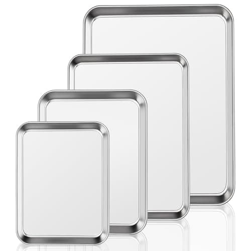 Image of Baking Tray Set of 4, Essentials Stainless Steel Oven Sheet Sets, Rimmed Pan Baking Sets -Healthy & Non Toxic, Easy Clean & Dishwasher Safe (Large Size)
