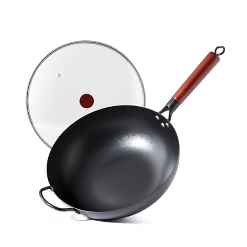 Image of Kordisen 32cm Carbon Steel Wok with Lid, Flat Bottom Stir Fry Pan for Asian Cooking, Naturally Nonstick Wok for Induction, Gas, Electric & Hobs, Large Capacity for 3–6 People