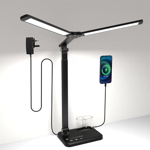 Image of Woputne Desk Lamp, Dual Heads, Height Adjustable, USB Charging Port, 5 Light Modes & Dimmable, Bedside Lamp for Reading, Crafting, Work, Study (Black, 15W)