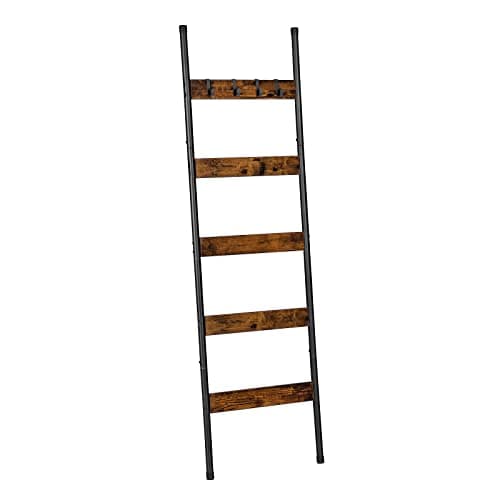 Image of HOOBRO Blanket Ladder, Towel Rack with Hooks, Towel Ladder, 5-Tier Wall-Leaning Blanket Rack, Decorative Display Ladder Shelf, for Scarves, Bedroom, Industrial, Rustic Brown and Black EBF52CJ01
