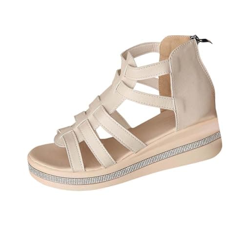 Image of Womens Platform Sandal Gladiator Wedge Sandals Open Toe Summer Shoes Zipper Traveling Roman Sandals Casual Wear Wide Fit Leather Sandal Hiking Walking Shoes for Outdoor Sports