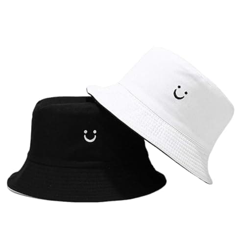 Image of PythJooh 1PC Girls Boys Embroidered Smile Face Bucket Hat Kids Reversible Sun Hat Foldable Beach Hats Outdoor Caps for 2-8Years White/Black