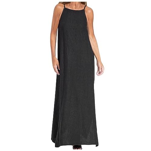 Image of Sundress for Women UK Cotton Linen Summer Maxi Dresses Sleeveless Spaghetti Strap Dresses Solid Color Swing Long Dress Elegant Business Work Dress Holiday Beach Party Dresses Black