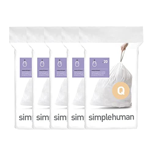 Image of simplehuman Code Q 100 Liners, 50% Recycled Custom Fit Bin Bags in Dispenser Packs, Durable Drawstring Tie Handle, 50-65L, White