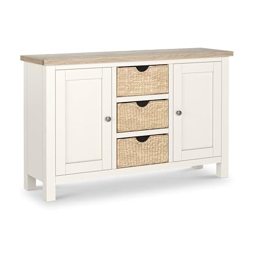 Image of RoselandFurniture Farro Basket Large Sideboard for Living Room with Washed Oak Top | Fully Assembled | Contemporary Coconut White Painted Solid Wooden 129cm 3 Drawer Buffet Cabinet for Dining Room