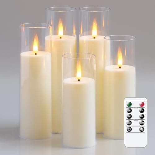 Image of Yeelida Acrylic Flameless Flickering LED Candles with Remote Control and Timer, Battery Operated Fake 5.5cm x 12.5 15 17.5 20 20cm Plastic Pillar Candles for Home Decor(Long-Lasting, Ivory)