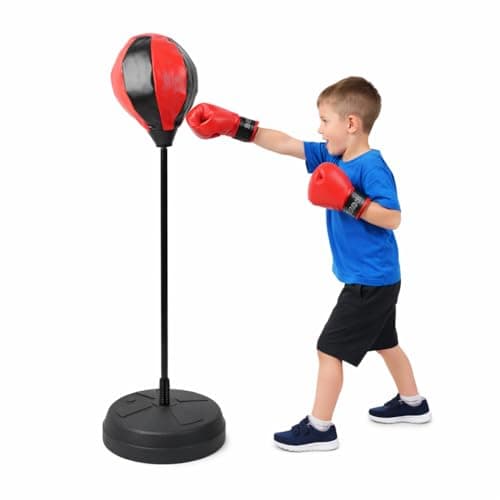 Image of Kids Boxing Set with Punching Ball and Gloves, 120cm Height Adjustable Stand, Free Standing Base, Ages 3+, Red and Black