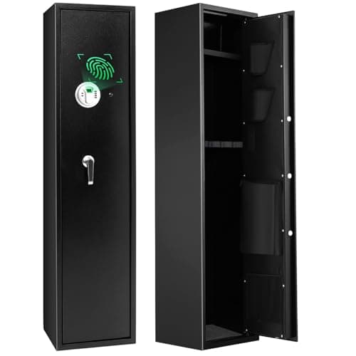 Image of HOMFME 5 Gun Cabinet, Security Lockable Shotgun Rifle Safe Box with Digital Keypad, Emergency Keys, Alarm System, Electronic Pistols Shotgun Safe Cabinets for Home Office (with Fingerprint Opening)