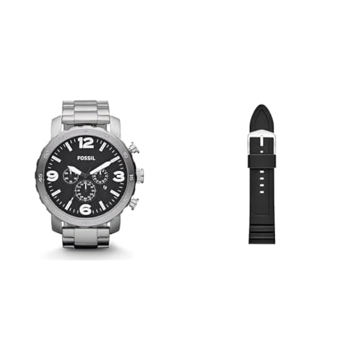 Image of Fossil Men's Nate Silver-Tone Stainless Steel Watch and Replaceable Black Silicone Strap, Set