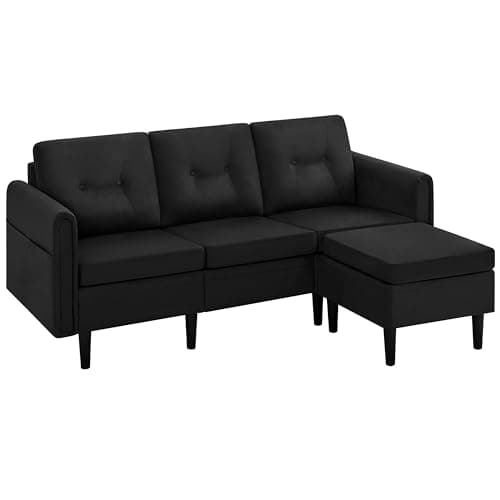 Image of Yaheetech Fabric Sectional Sofa with Ottoman, L-shaped Sofa Couch with Side Pockets or Small Spaces, Reversible 3-Seater Chaise Lounge for Living Room, Home Office, Polyester Fabric, Black