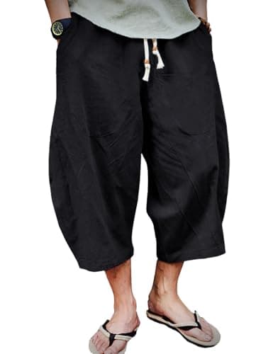 Image of EKLENTSON Mens 3/4 Cotton Linen Shorts Summer Lightweight Loose Casual Capri Pants Elastic Waist Beach Yoga Long Shorts Black,40