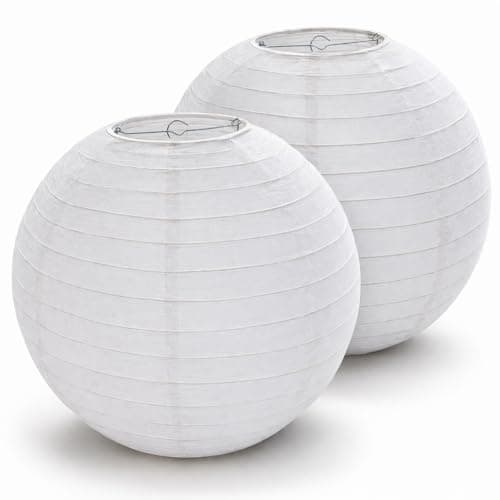 Image of 2 Pack White Paper Lampshade 50cm - Large Hanging Lantern Shade, Ribbed Bamboo Style Ceiling Light Shade, Round Paper Lamp Cover for Living Room Bedroom Décor