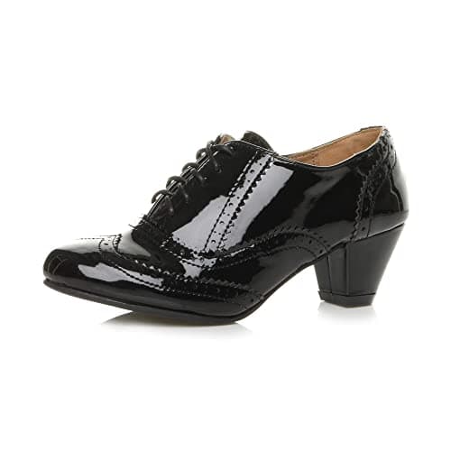 Image of Ajvani Womens Ladies mid Block Heel Cut Out lace up Brogue Shoe Boots Booties, Black Patent Brogue, 5 UK