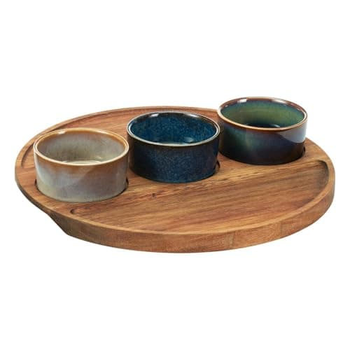 Image of Carousel Home 4-Piece Round Ceramic Dip Bowl Set with Acacia Tray | Snack Platter for Dips, Fruit & Crackers | Stylish Sharing Set with Reactive Glaze Bowls