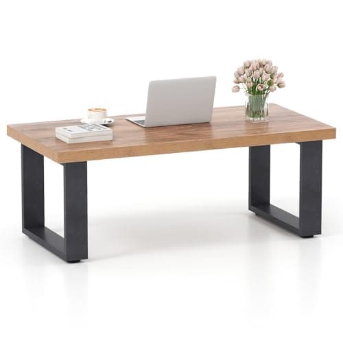 Image of COSTWAY Farmhouse Coffee Table, 120cm Rectangle Cocktail Center Table Unit with 45mm Thickened Top, Rustic Wooden Accent Sofa Side Tea Tables for Living Room Office, Oak+Black
