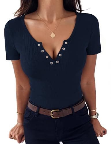Image of Aottori Womens Short Sleeve V Neck Tops Ribbed Knit Plain Button T Shirts Summer Basics Fitted Tee Fashion Stretch Pullover UK Tunic Casual Navy L