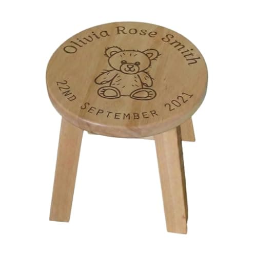 Image of Personalised Teddy Bear Wooden Children’s Stool | Custom Name & Date of Birth Pine Footstool | New Baby & 1st Birthday Keepsake | 26cm Wide X 26cm High Round Kids Furniture