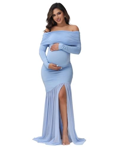 Image of JustVH Maternity Long Sleeve Off Shoulder Baby Shower Dress Party Mesh Paneled Split Maxi Photography Gown for Photoshoot, Blue, XL