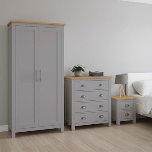 Image of Home Treats Grey & Pine Furniture Set | 3 pc Bedroom Furniture Wooden Chest Of 4 Drawers Large 2 Door Wardrobe | 2 Drawer Bedside Table Nightstand (Grey, Full Furniture Set)