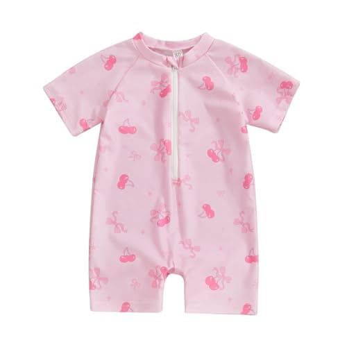 Image of Nicoxijia Kids Toddler Baby Girl One Piece Swimsuit Swimming Costume Rash Guard Swimwear Zipper Sun Protection Bathing Suit (Pink, 12-18 Months)