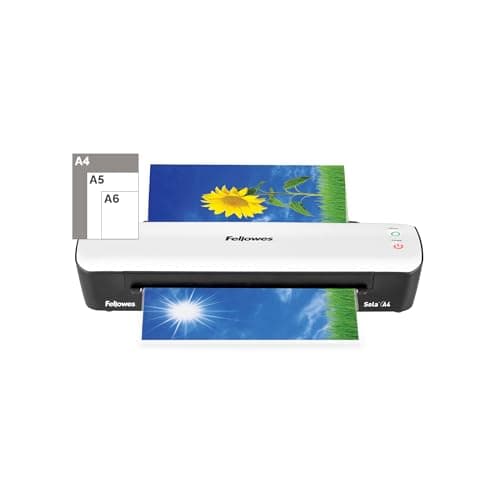 Image of Fellowes Sola A4 Laminator Machine for Home Use - Fast 4 Minute Warm Up Time with Auto Shut Off Feature - 80-125 Micron - Amazon Exclusive, White/Black