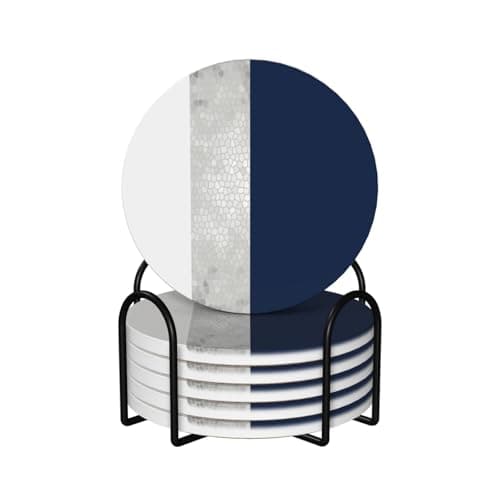 Image of Elegant Faux Silver Navy Blue White Stripes,Round Ceramic Coasters, Mugs Pad, Cups Mat Set of 6 Drinks Coasters With Holder
