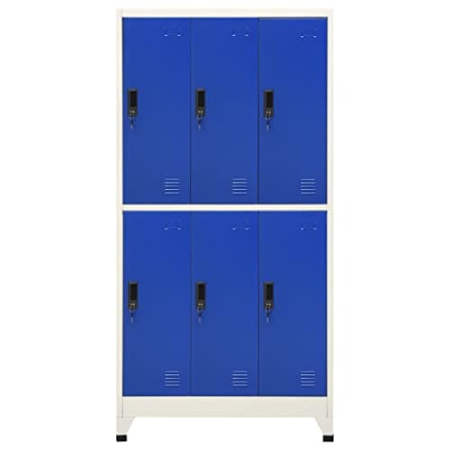 Image of GeenYuu Grey and Blue Steel Locker Cabinet 90 x 45 x 180 cm with 6 Lockable Doors, Air Vents, Name Plate Holders, Hangers for Office, School, Workshop, Garage, Basement, Hallway