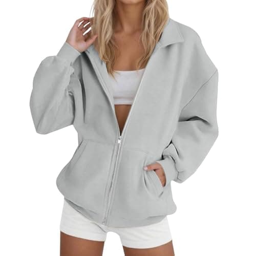 Image of KUIH Zip Up Sweatshirt For Women Solid Color Full Zip Hoodie Womens Fleece Lined Jacket Cotton Long Sleeve Sweatshirt Casual Loose Hoody Sweat Top Fall Winter Lightweight Coat with Pockets Gray