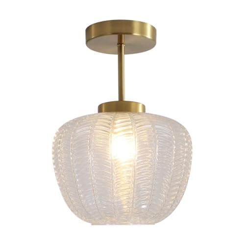 Image of KCO Lighting Gold Bathroom Ceiling Mount Light Fixtures Bubble Ribbed Glass Flush Mount Ceiling Light Antique Brass Globe Ceiling Lights for Hallway Entryway