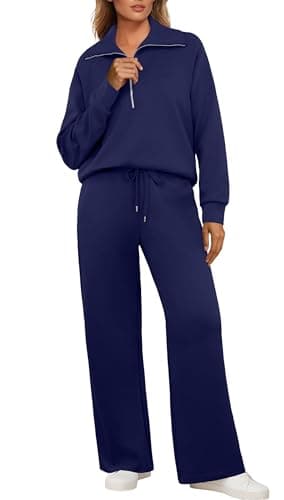 Image of GRECERELLE Tracksuit Womens Full Set Autumn Lounge Wear Sets for Women Activewear Two Piece Outfits Long Sleeve Half Zip Casual Pullover Tops and Jogging Bottoms with Pockets (Navy Blue, XL)