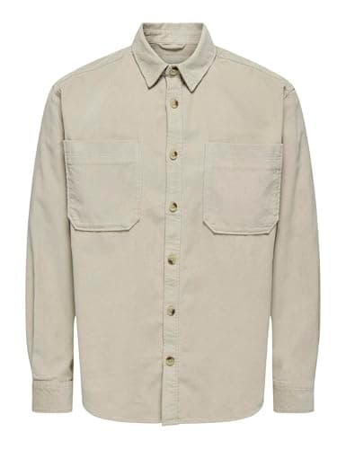 Image of ONLY & SONS Mens Onsalp RLX 2pkt Washd Cord Noos Casual Shirt, Silver Lining, XL UK
