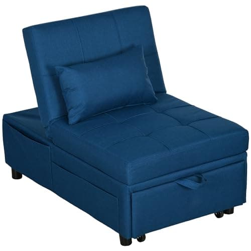 Image of HOMCOM Convertible Chair Bed with Padding Seat, 4-in-1 Multi-Functional Sleeper Sofa Bed, Recliner with Adjustable Backrest, Side Pocket, Wheels and Pillow, for Living Room, Blue