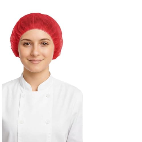 Image of Disposable Hair Nets Mob Caps Red 100pcs Bulk Premium Hair Covers with Double Elastic Lightweight and Breathable Hygiene Caps Ideal for Kitchen Catering Food Handling and Medical Safety Use.