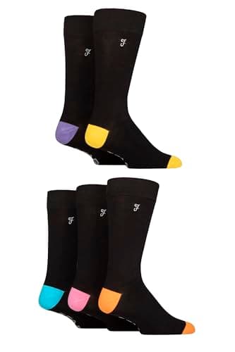 Image of Farah Mens Bamboo Socks Plain and Patterned Striped Argyle Spotty Designs, Bright Colourful, Gift for Him, 5 Pairs - Contrast Black 6-11