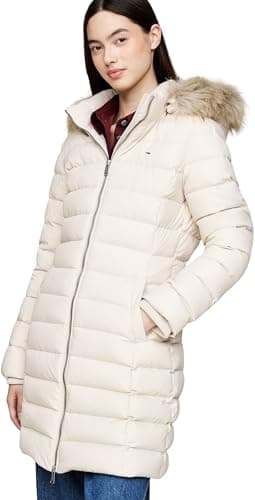 Image of Tommy Jeans Women's Tjw Essential Hooded Down Coat Dw0dw18864 Puffer Coat, Beige (Newsprint), XL