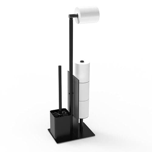 Image of YUET Toilet Roll Holder Free Standing, Stainless Steel Freestanding Toilet Paper Holder with Glass Baffle, Matte Black Toilet Roll Holder and Brush for Bathroom